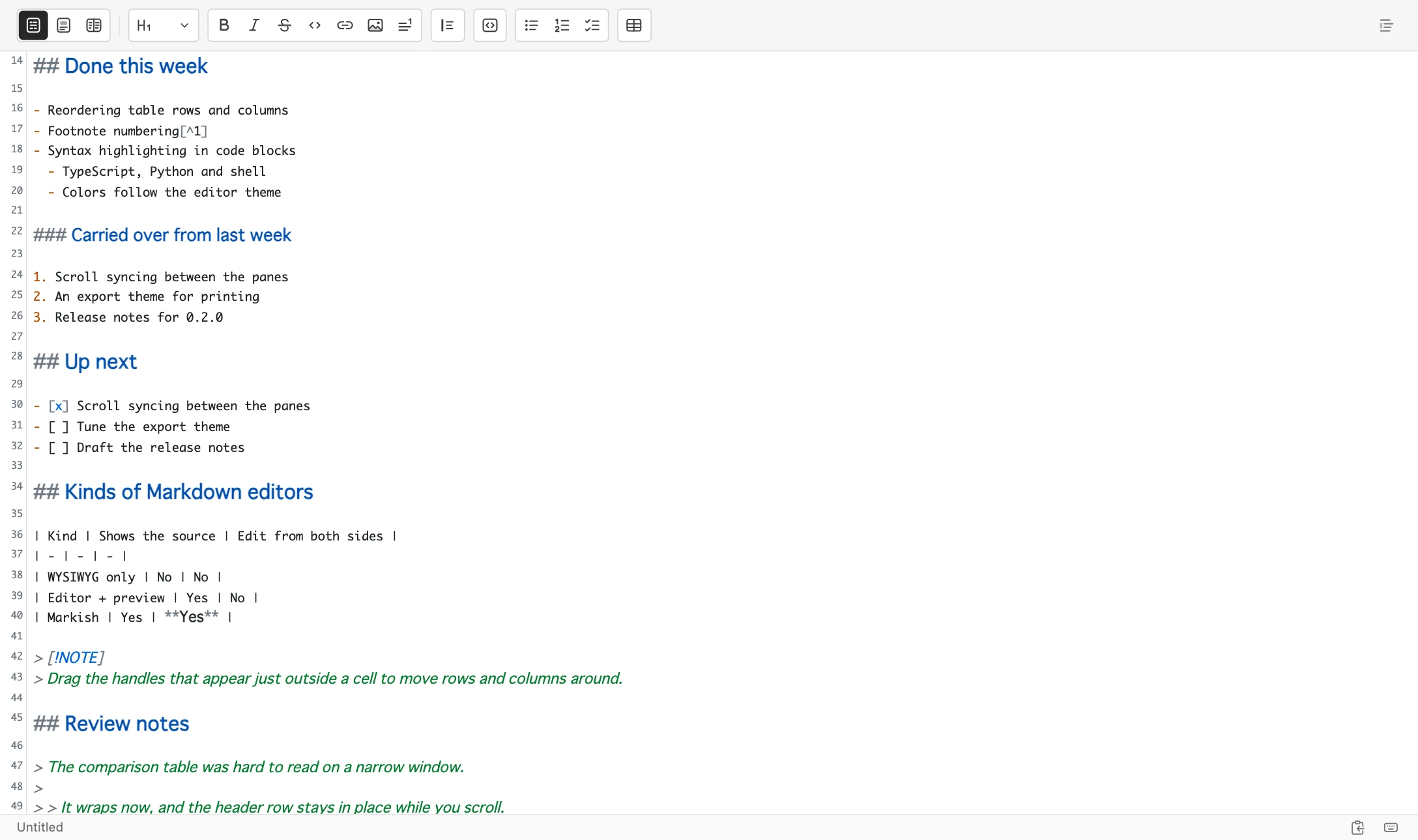 텍스트 편집기 단독 표시. 줄 번호가 붙은 Markdown